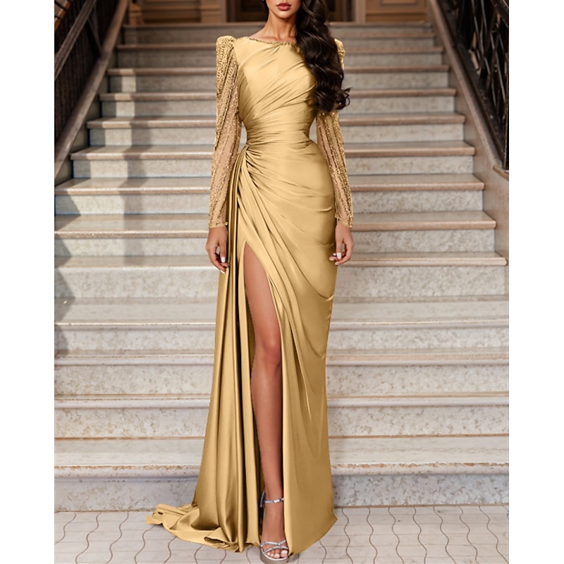 Mermaid Evening Gown Elegant Dress Wedding Guest Black Tie Sweep / Brush Train Long Sleeve Jewel Neck Satin with Ruched Slit Masquerade Dress3