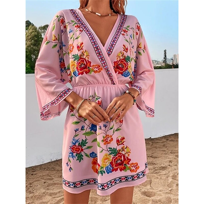 Women's Casual Dress Floral Print V Neck Mini Dress Ethnic Boho Vacation 3/4 Length Sleeve Summer Spring 6
