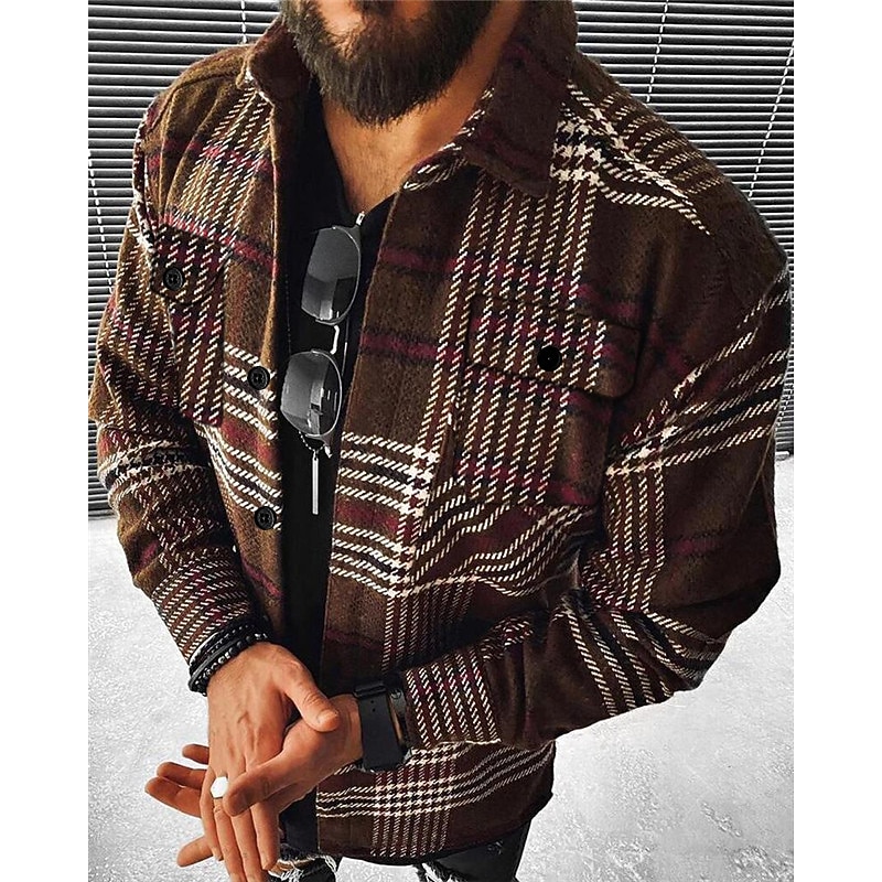 Men's Plaid Geometric Pattern Shirt Jacket Overshirt Long Sleeve Fashion Going out Weekend Fall & Winter Turndown Print Pink Blue Sky Blue Vivid Pink Orange3