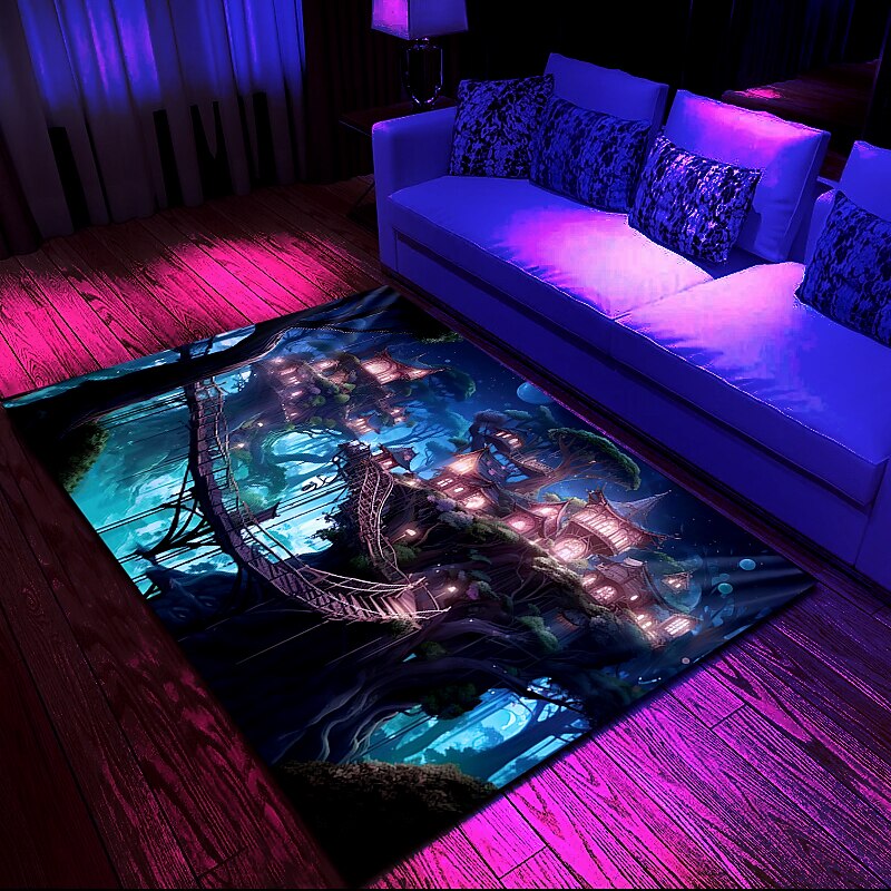Blacklight Rug UV Reactive Glow in the Dark Area Rug Kitchen Mat Non-Slip Oil Proof Trippy Tree House Floor Mat Livingroom Rug Indoor Outdoor Mat Bedroom Decor Bathroom Mat Entrance Rug Door Mat2
