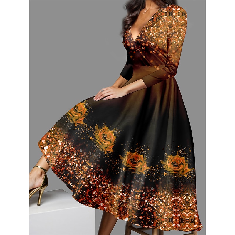 Valentine's Day Women's Midi Dress Casual Dress Winter Dress Swing Dress Semi Formal Dress Streetwear A Line Formal Vacation Party Regular Fit Floral 3/4 Length Sleeve V Neck Yellow Red Blue Purple 5