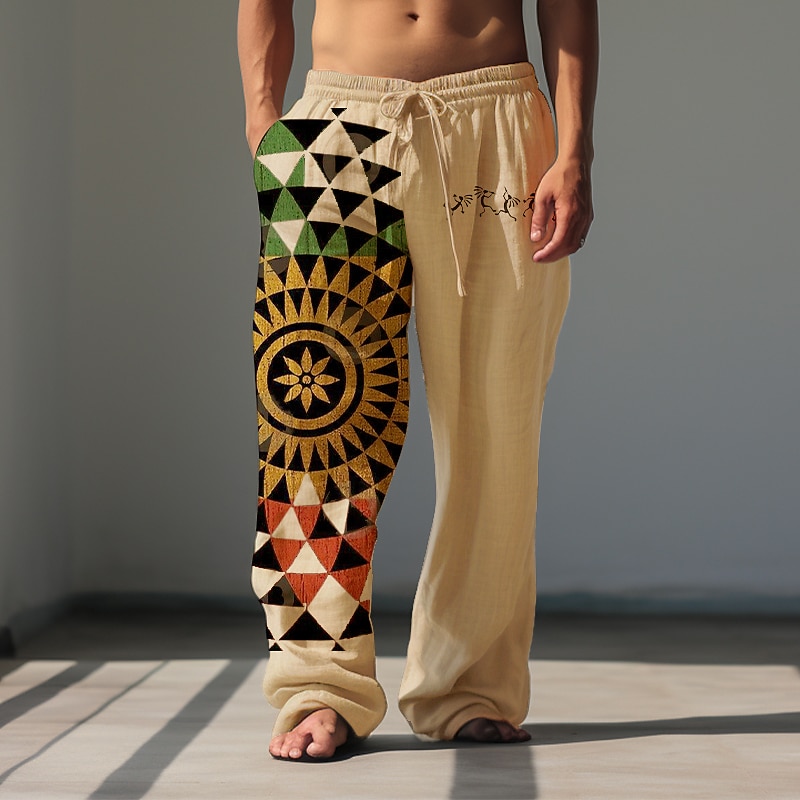 Men's Geometric Linen Pants Pants Trousers Baggy Pants Mid Waist Vintage Carnival Daily Wear Fall & Winter White Khaki2