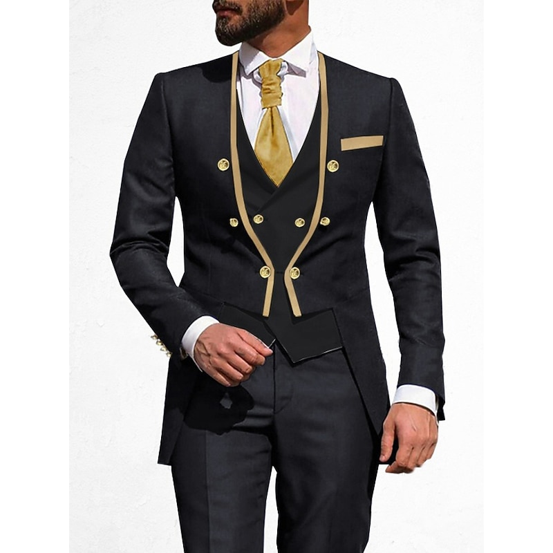Men's Wedding Party Suits V Neck Light Blue Black Solid Colored Tailored Fit 3 Piece Double Breasted Six-buttons2