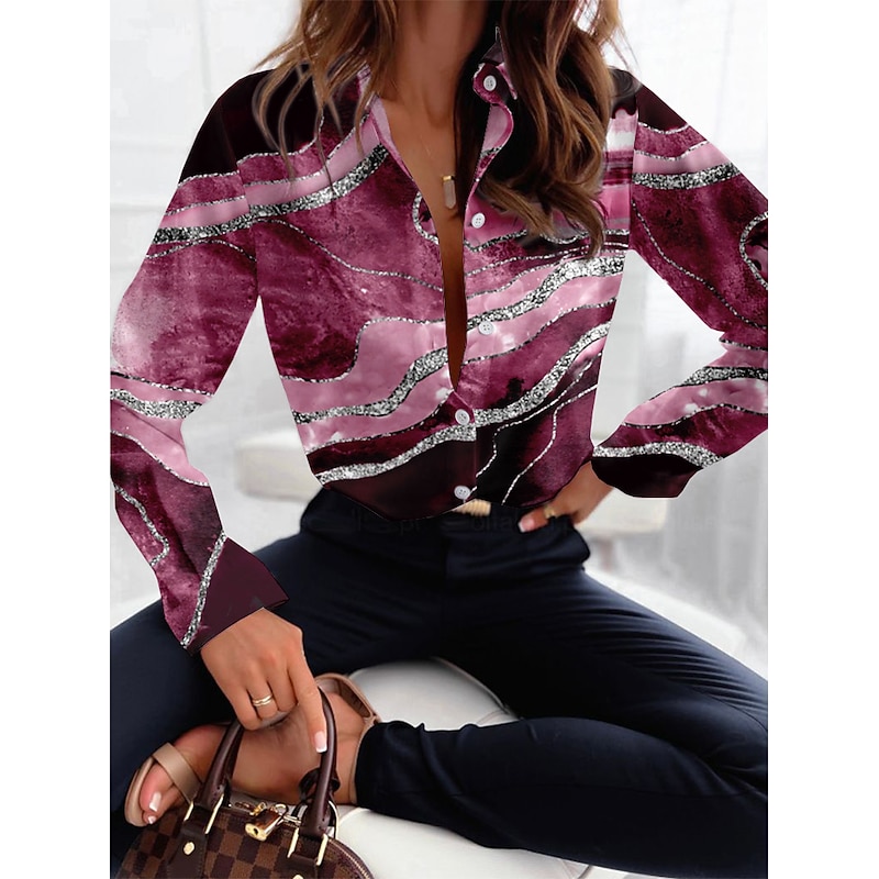 Women's Shirt Button Down Tunic Shirt Collar Long Sleeve Fashion Abstract s Print Regular Tops Casual Pink Blue Brown Green Gray Spring & Fall4