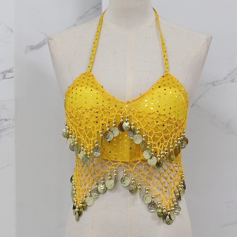 Belly Dance Vest Copper Coin Pure Color Splicing Women's Performance Training Sleeveless High Polyester