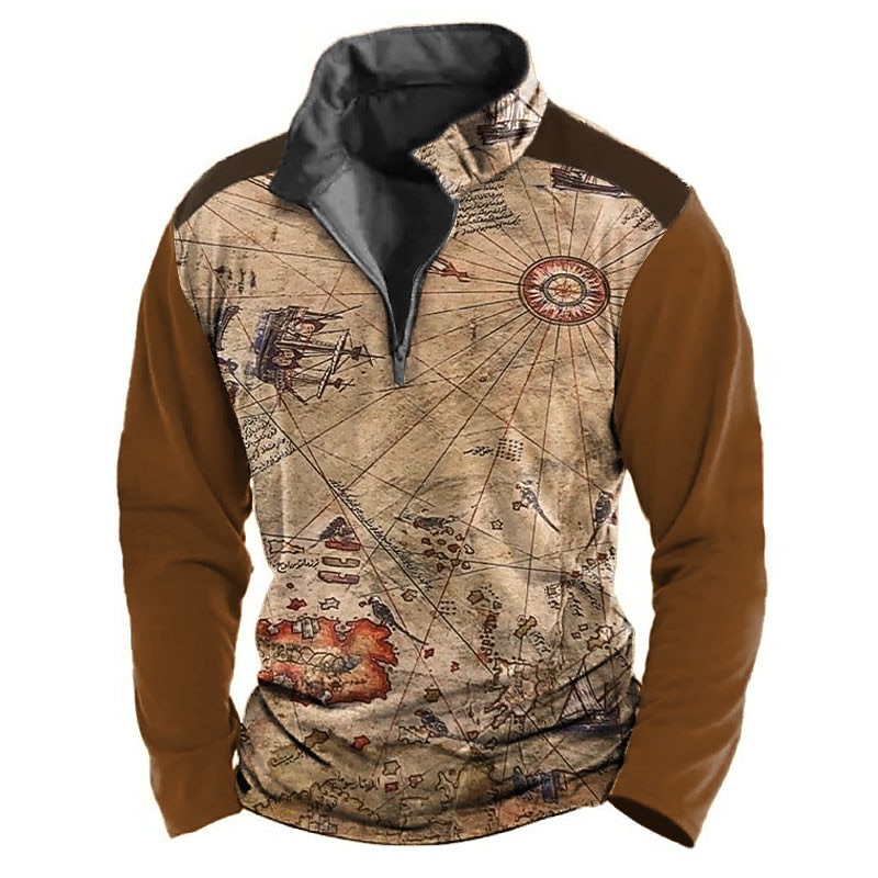 Men's Nautical Zip Polo Shirts Golf Shirt Long Sleeve Polo Shirts Collared Shirts Vintage Casual Vacation Wear Boat Wear Party Outfits 3D Print Quarter Zip Polo Spring & Summer Dark Brown Black Brown2