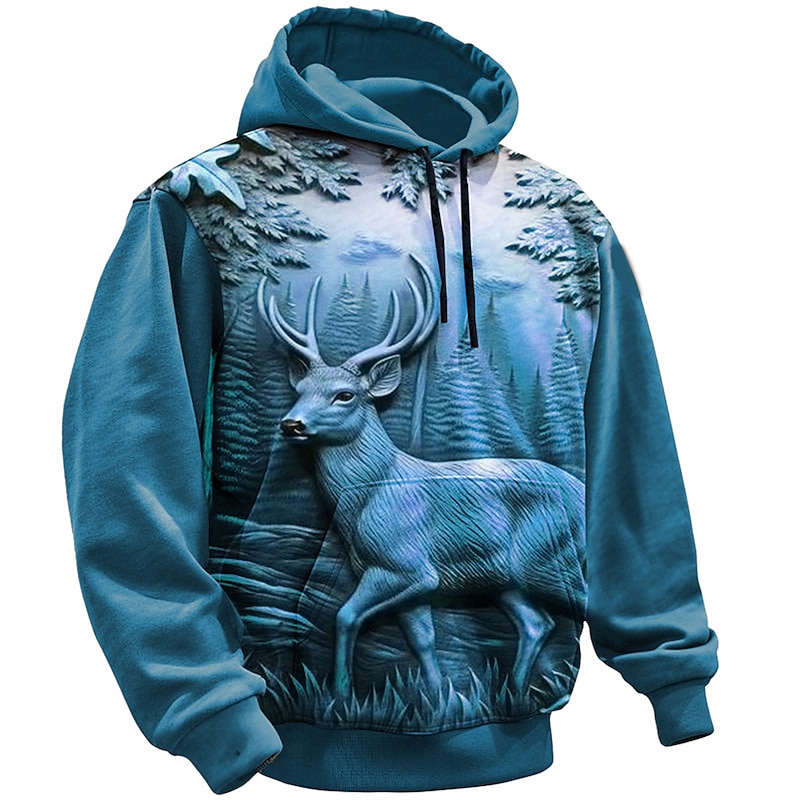 Men's Graphic Deer Hoodie Hoodies Sweatshirt Fashion Daily Long Sleeve Hooded Vacation Sports Outdoor Holiday Blue Brown Print Front Pocket Spring &  Fall Designer2