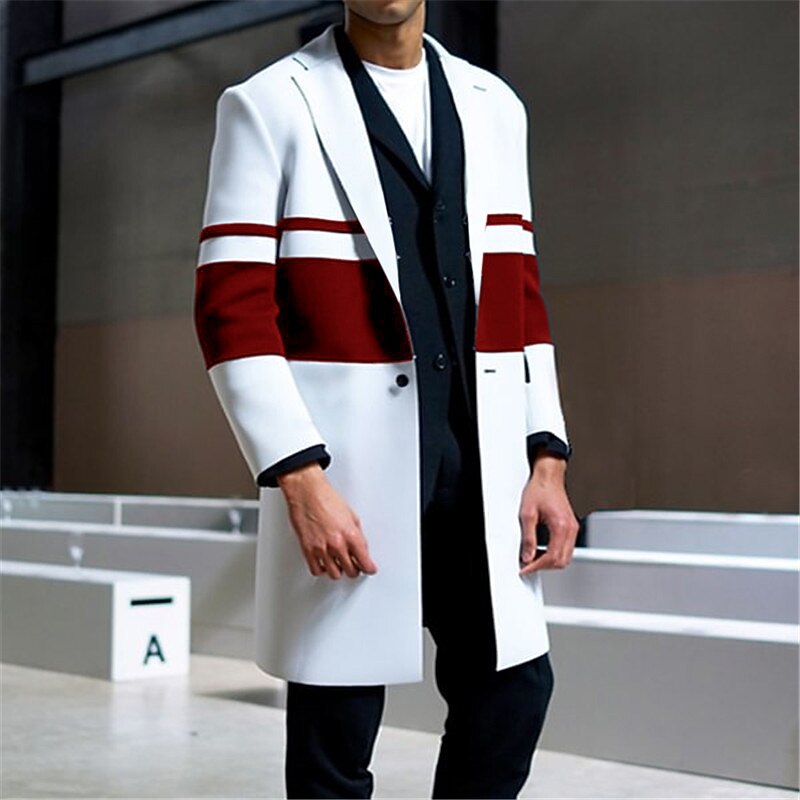 Men's Stripe Winter Coat Overcoat Coat Warm Comfortable Breathable Fashion Streetwear Business Work Wear to work Going out Pocket Print Fall & Winter Turndown Long Sleeve White Red Blue3
