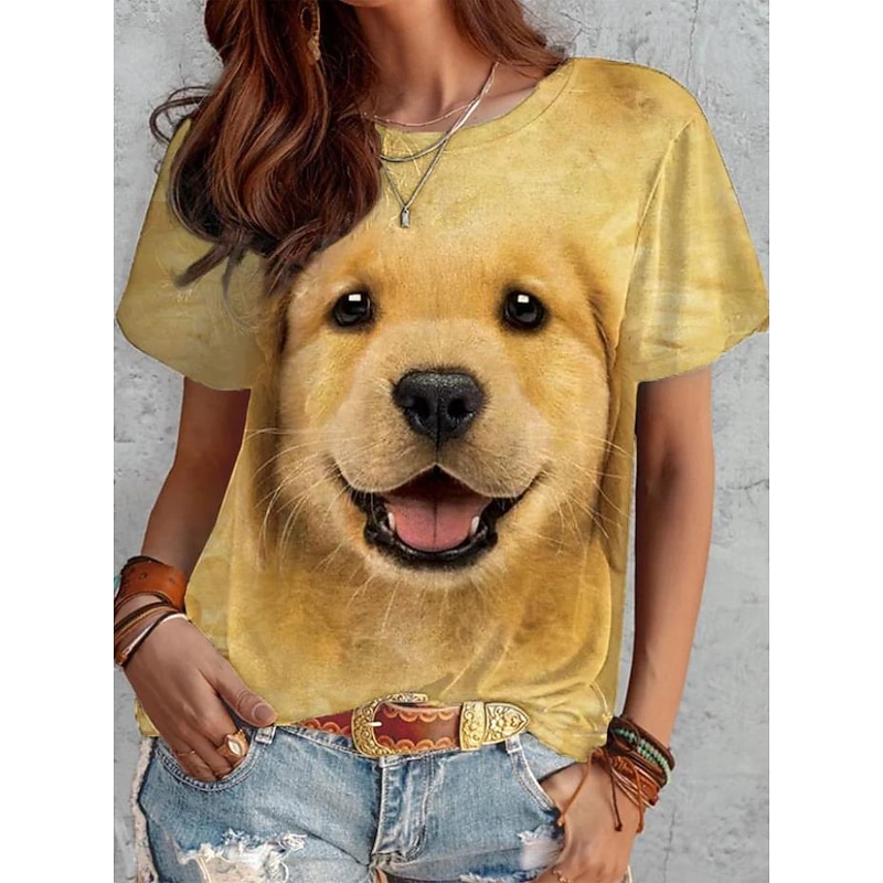 Women's T Shirt Fashion Funny Dog Print Short Sleeve Regular Tops Round Neck Daily Weekend White Yellow Blue Brown Gray Spring & Summer3