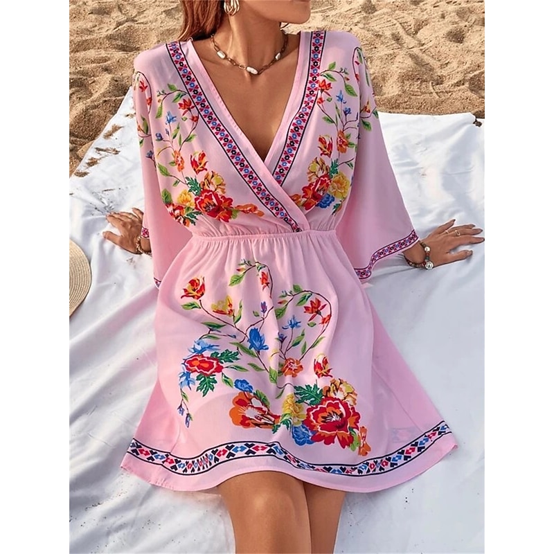 Women's Casual Dress Floral Print V Neck Mini Dress Ethnic Boho Vacation 3/4 Length Sleeve Summer Spring 7