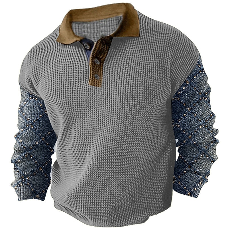 Men's Plaid Waffle Polo Shirts Golf Shirt Long Sleeve Polo Shirts Collared Shirts Vintage Casual Vacation Wear Formal Wear Festival Wear Buttons 3D Print Fall & Winter Black Dark Navy Khaki3