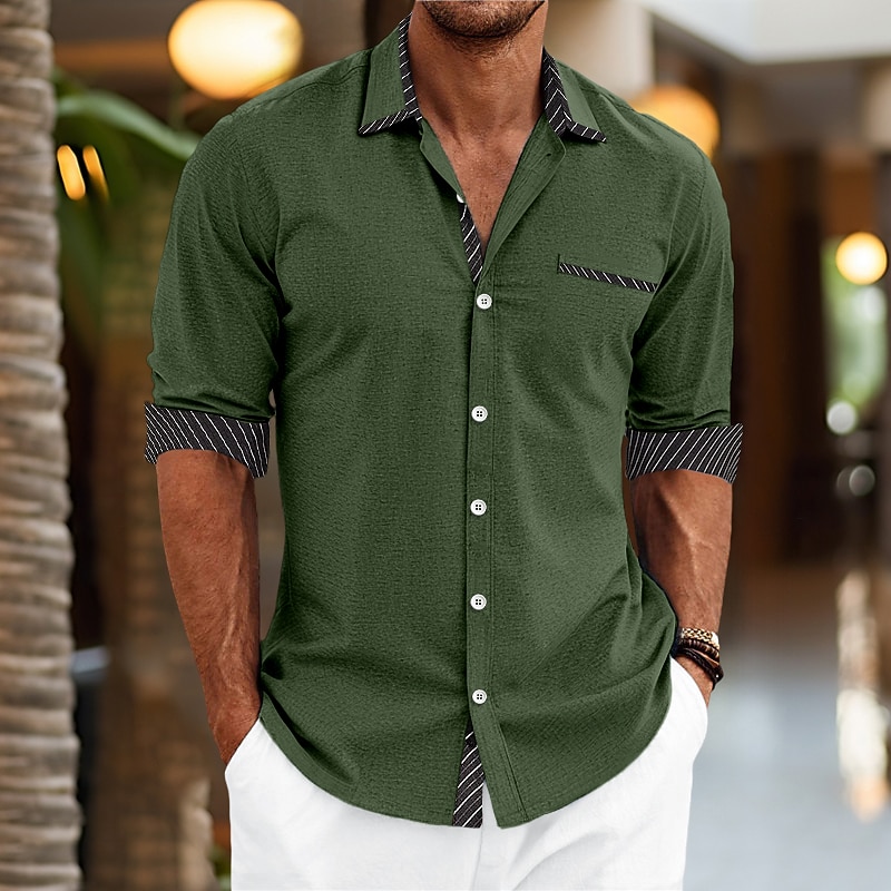 Men's Shirt Summer Shirt Dress Shirt Button Up Shirt Casual Shirt White Wine Long Sleeve Color Block Stripes Lapel Daily Vacation Front Pocket Clothing Apparel Cotton Cotton Blend Fashion Casual4