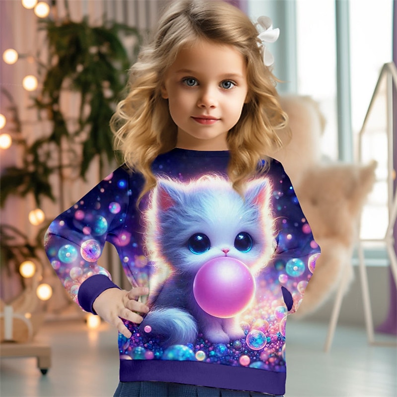 Girls' 3D Cat Sweatshirt Pullover Long Sleeve 3D Print Spring Fall Fashion Streetwear Adorable Kids 3-12 Years Crew Neck Outdoor Casual Daily Regular Fit2
