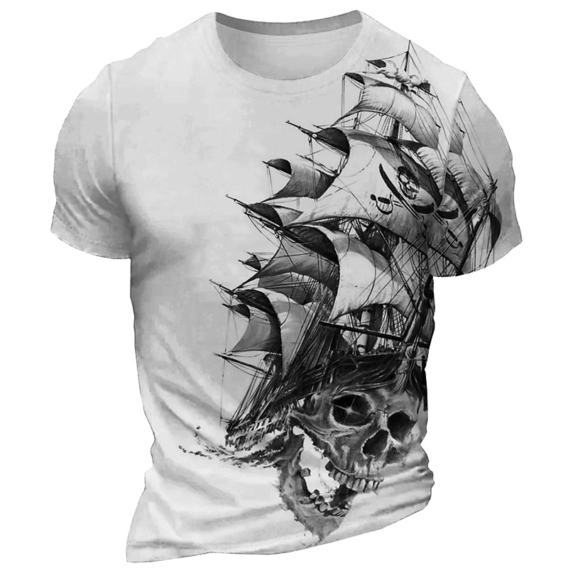 Men's Graphic Skeleton Sailboat T Shirt Short Sleeve T shirt 3D Print Crew Neck Shirt Daily Designer Retro Vintage Sports Outdoor Holiday Going out White Burgundy Brown Spring & Summer Clothing
