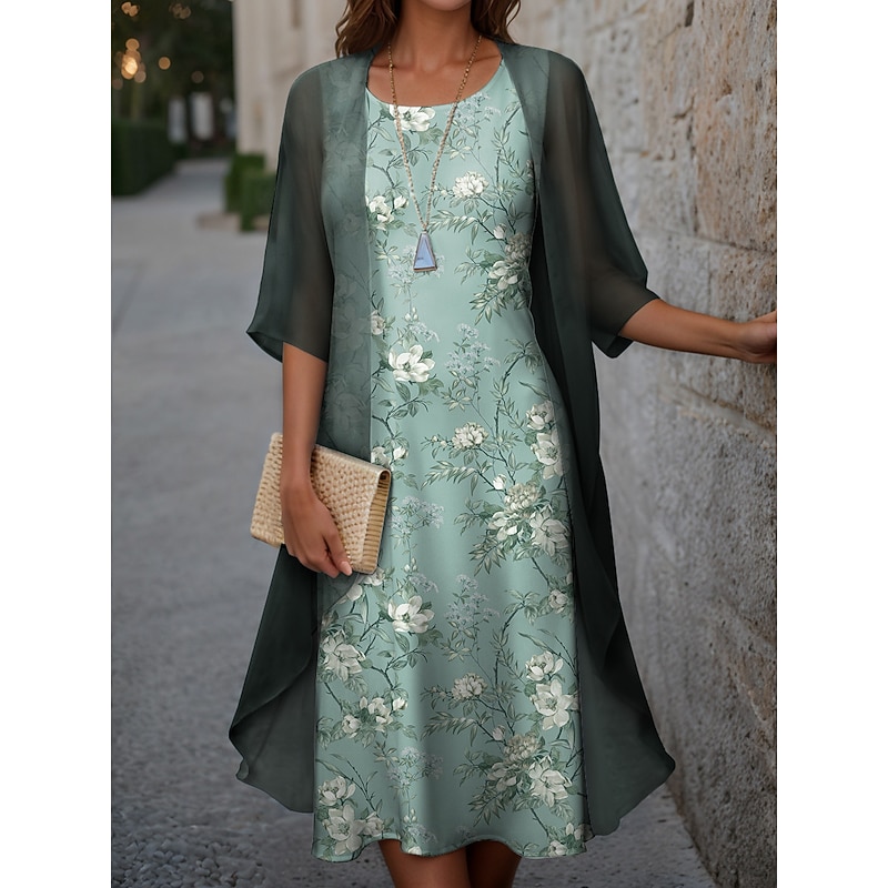 Women's Graduation Dress Midi Dress Two Piece Dress Set Casual Dress Chiffon Dress Print Dress Fashion Modern Floral Print Half Sleeve Crew Neck Outdoor Holiday Pink Blue Green Spring Loose Fit