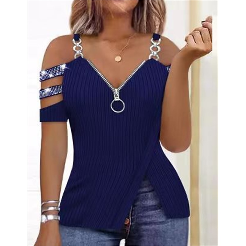 Shirt Blouse Women's Black Pink Red Sparkly Sequins Cut Out Casual Fashion V Neck Regular Fit S4