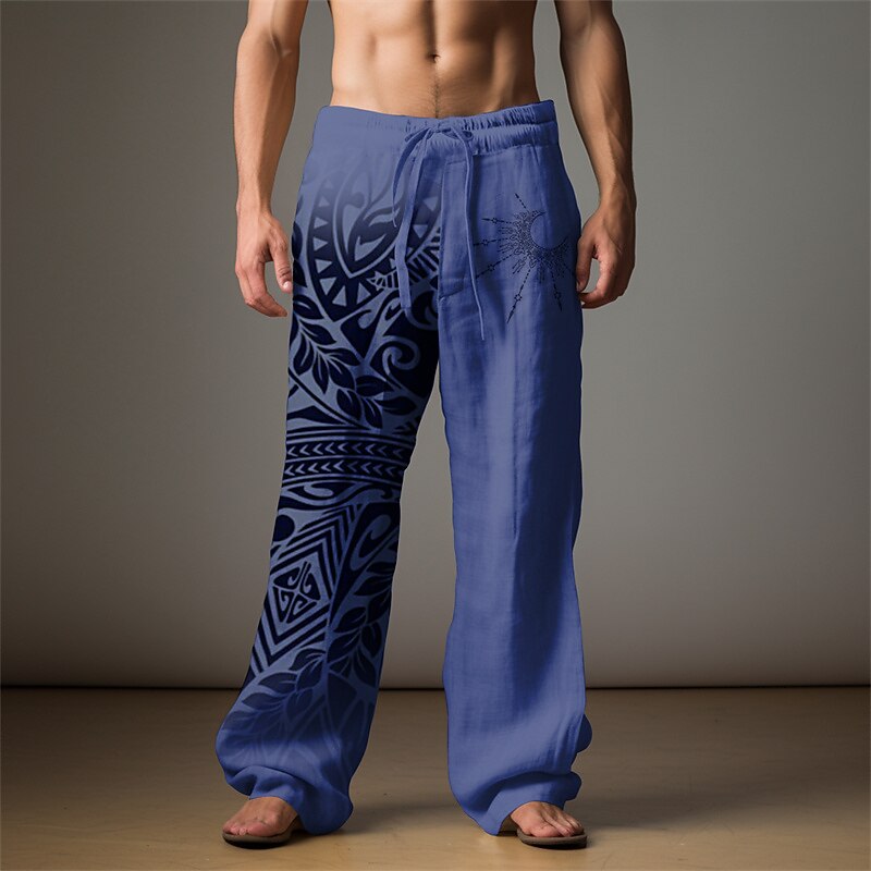 Men's Palm Leaf Linen Pants Pants Trousers Baggy Pants Mid Waist Vintage Outdoor Daily Wear Streetwear Fall & Winter Blue Green2