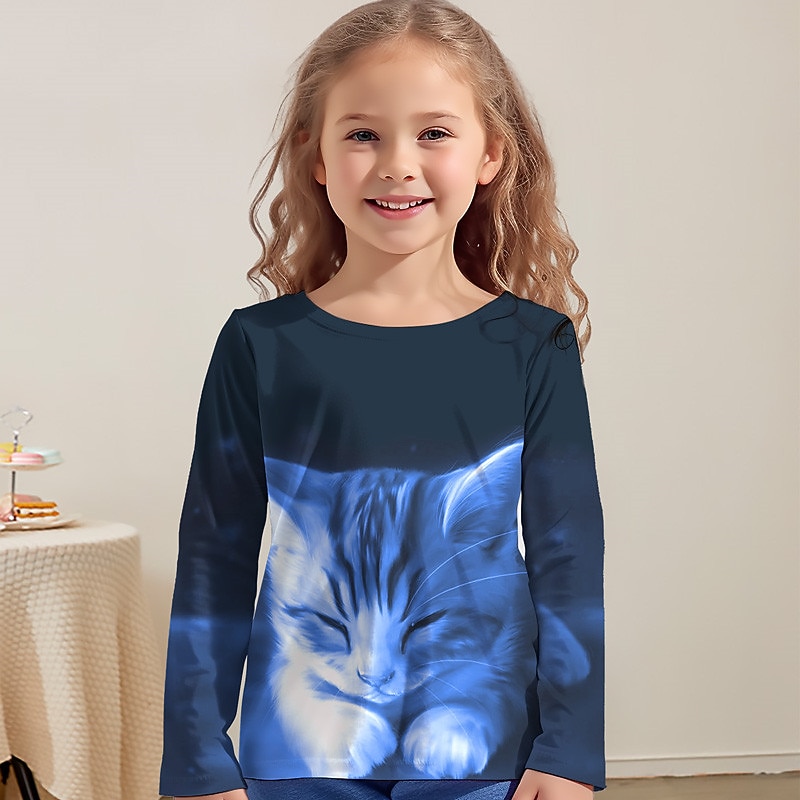 Girls' 3D Cat Tee Shirt Long Sleeve 3D Print Spring Fall Active Fashion Cute Polyester Kids 3-12 Years Crew Neck Outdoor Casual Daily Regular Fit4
