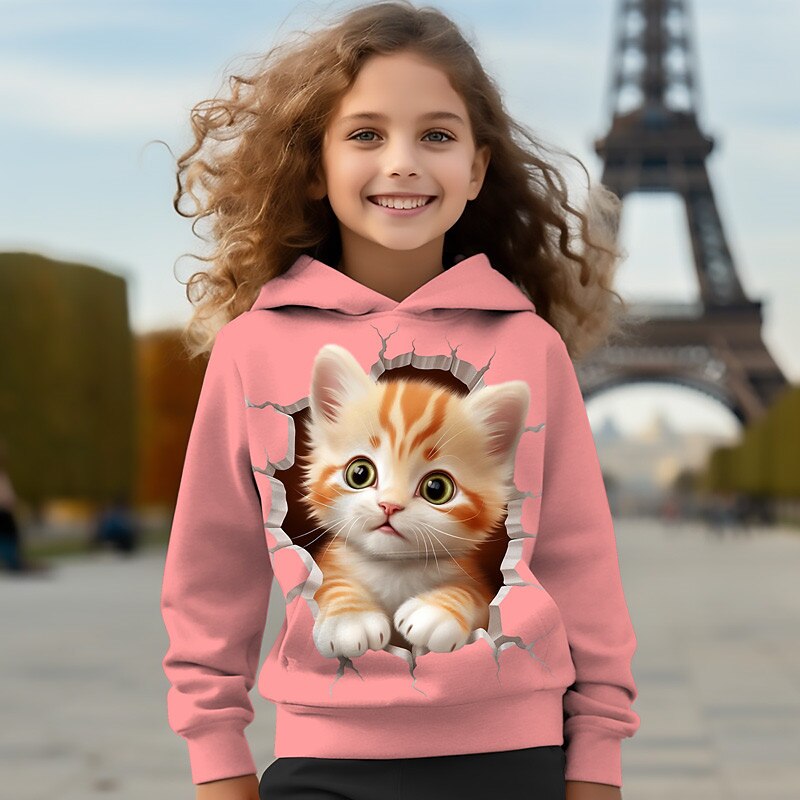 Girls' 3D Cartoon Cat Hoodie Pullover Pink Long Sleeve 3D Print Spring Fall Active Fashion Cute Kids 3-12 Years Hooded Outdoor Casual Daily Regular Fit2