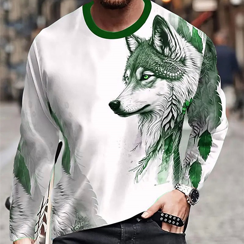 Men's Graphic Animal Wolf T Shirt Long Sleeve T shirt 3D Print Crew Neck Shirt Fashion Designer Casual Sports Outdoor Holiday Going out Burgundy Blue Brown Spring & Fall Clothing Apparel S M L XL2