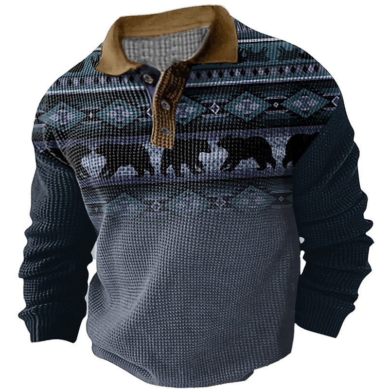 Men's Western Wear Waffle Polo Shirts Golf Shirt Long Sleeve Polo Shirts Collared Shirts Vintage Casual Vacation Wear Party Outfits Buttons 3D Print Fall & Winter Dark Navy Green Khaki3