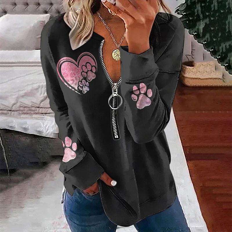 Women's Valentine Heart Sweatshirt Pullover Leopard Casual Sports Round Neck Print Quarter Zip Long Sleeve Black White Yellow Orange Green Fall & Winter
