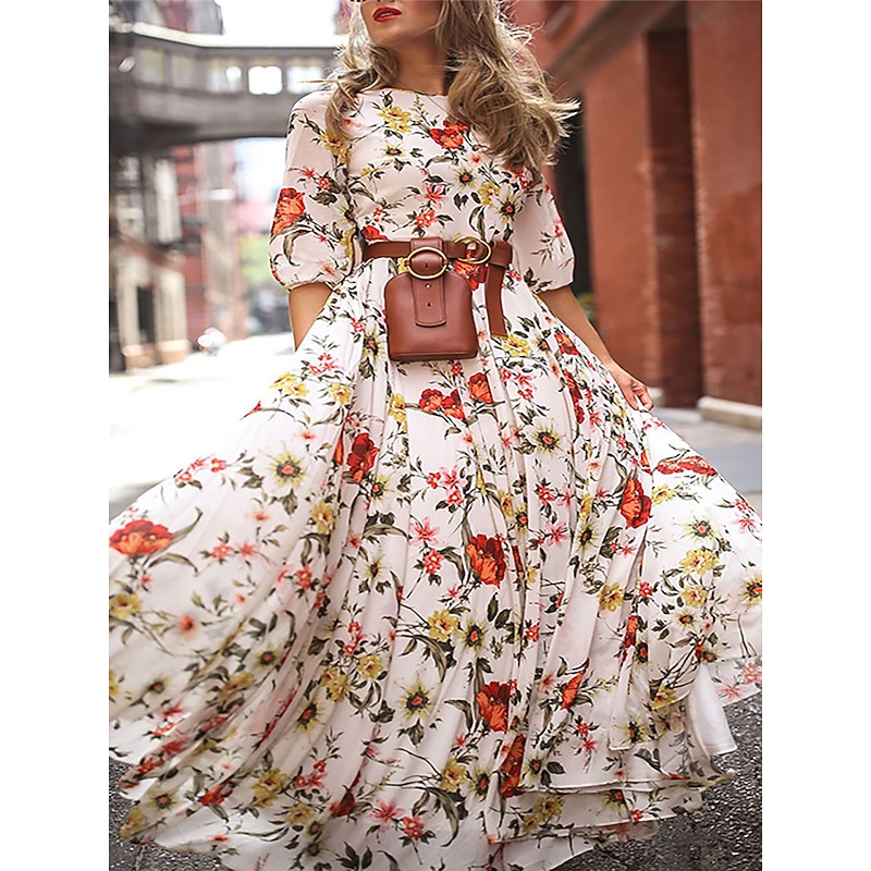 Women's Chiffon Floral Print Crew Neck Long Dress Maxi Dress Bohemia Vacation Summer Spring