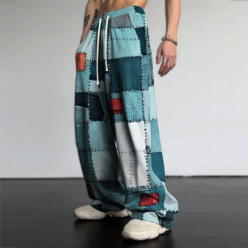 Color Block Plaid / Check Casual Men's 3D Print Pants Trousers Outdoor Daily Wear Streetwear Polyester Blue Purple Brown S M L Medium Waist Elasticity Pants2