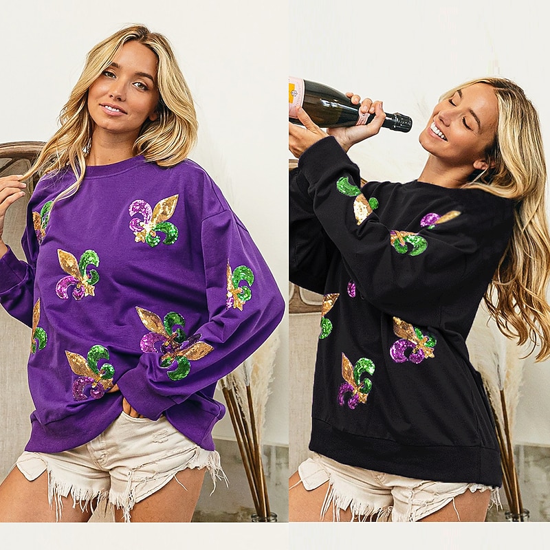 Women's Mardi Gras Shirt Blouse Women's Black White Purple Graphic Sequins Party Casual Active Sportswear Round Neck Regular Fit Carnival Theme2