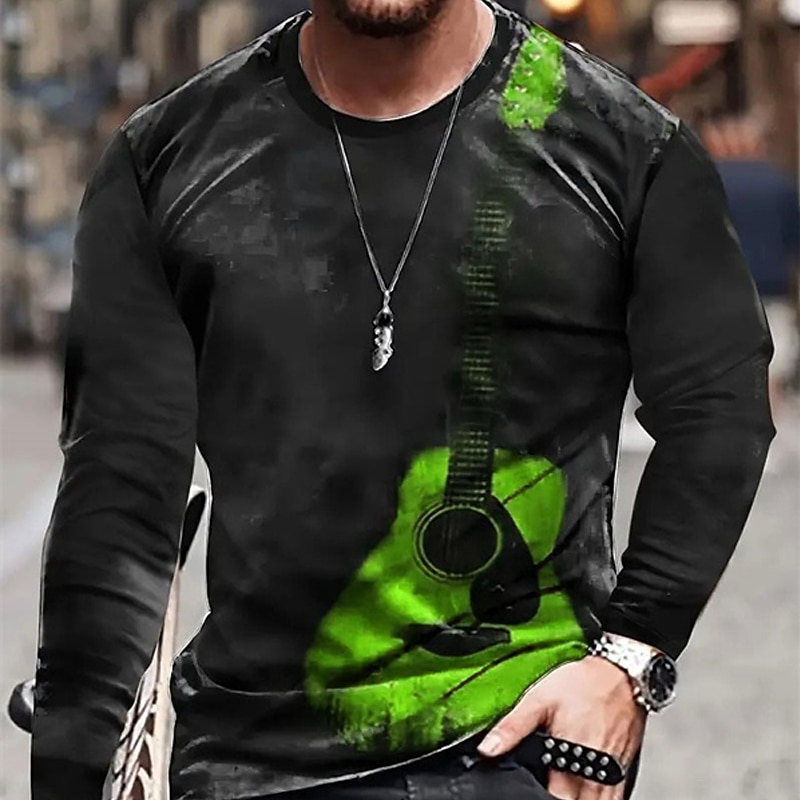 Music Festival Men's Graphic Guitar Musical Instrument T Shirt Long Sleeve T shirt 3D Print Crew Neck Shirt Fashion Designer Casual Sports Outdoor Holiday Going out Sky Blue Purple Orange Spring3