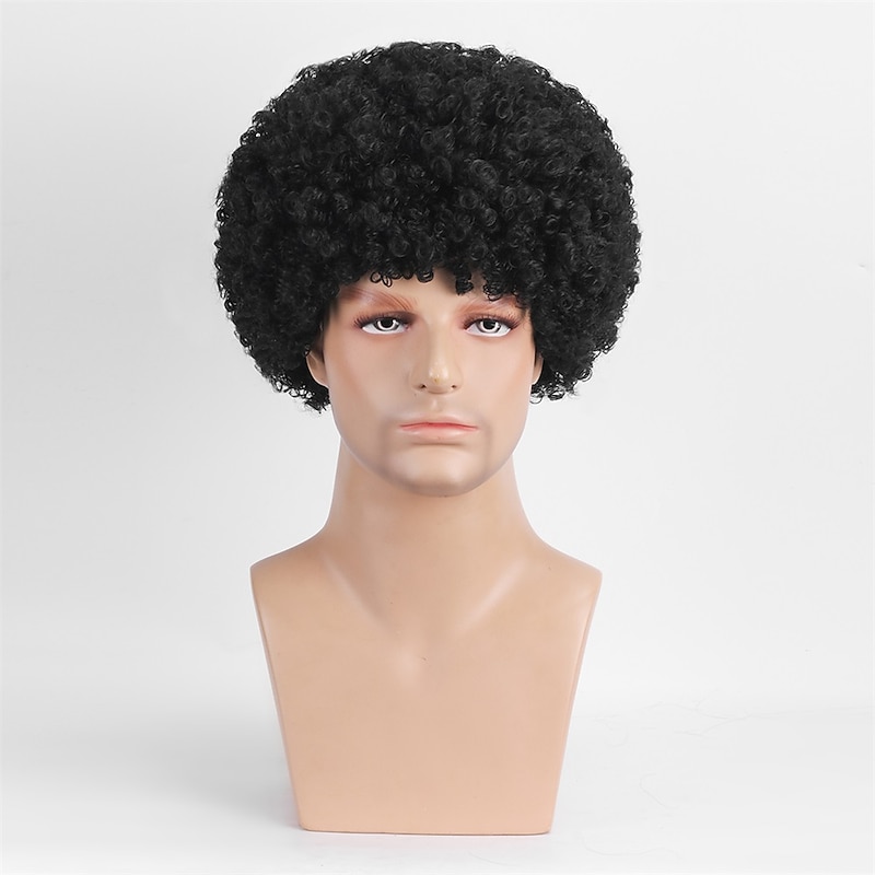 Synthetic Wig Curly With Bangs Machine Made Wig Short Natural Black #1B Synthetic Hair Men's Cosplay Soft Party Black Halloween Wigs3