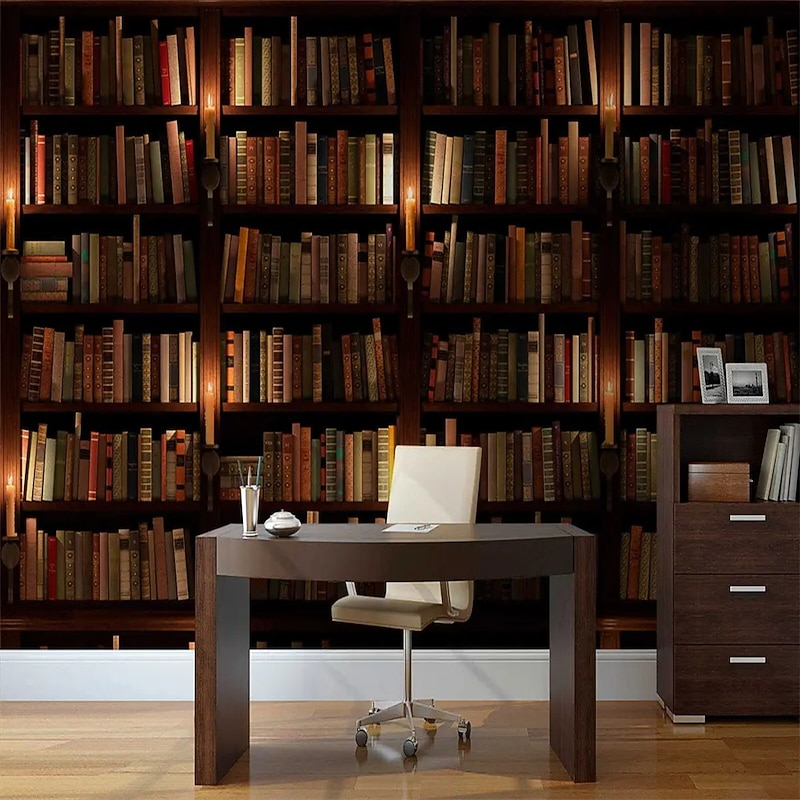 Cool Wallpapers 3D Vintage Wallpaper Wall Mural Bookshelf Wall Covering Sticker Peel and Stick Removable PVC/Vinyl Material Self Adhesive/Adhesive Required Wall Decor for Living Room Kitchen Bathroom3