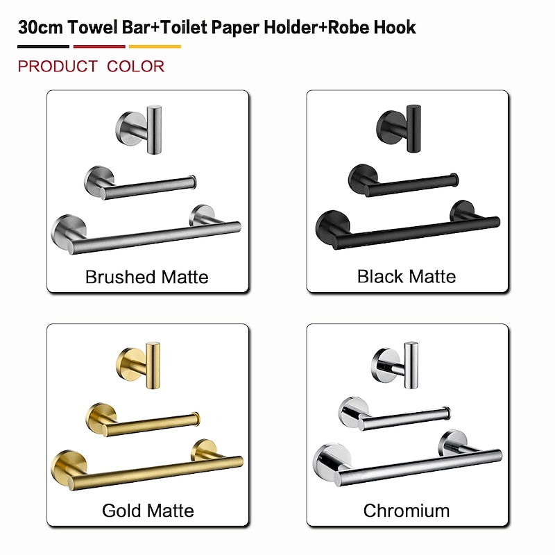 3-Piece Stainless Steel Bathroom Towel Rack Set - Includes Towel Bar, Toilet Paper Holder, and Hook - Available in 4 Finishes: Polished Chrome, Brushed Nickel, Black, and Brushed Gold2