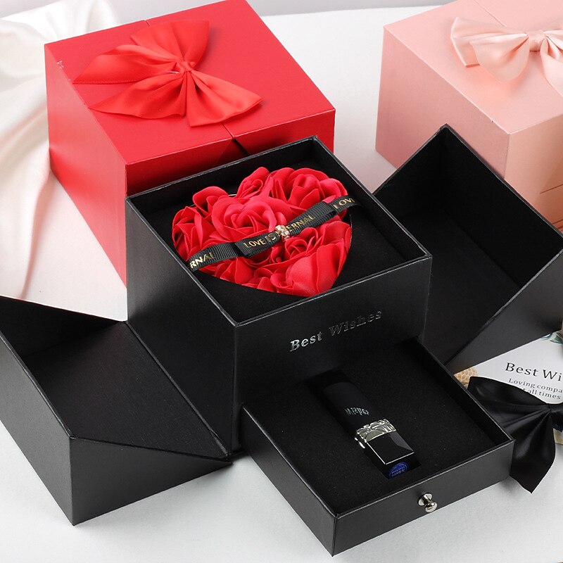 Women's Day Gifts Valentine's Day Eternal Flower Jewelry Box Double-layer Rose Gift Box Lipstick Necklace Ring Earring Jewelry Box Valentine's Day Gift Box Mother's Day Gifts for MoM2