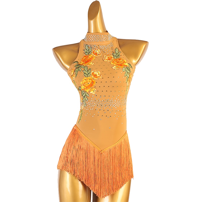 Figure Skating Dress Women's Girls' Ice Skating Dress Orange Patchwork Open Back Mesh High Elasticity Training Competition Skating Wear Classic Sleeveless Ice Skating Figure Skating2