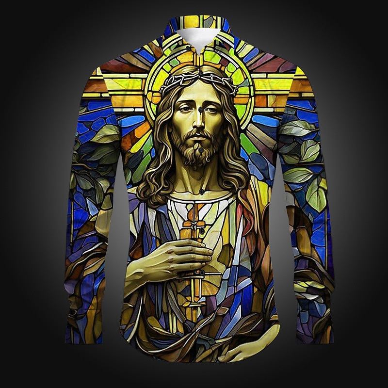 Men's Mixed Color Jesus Shirt Button Up Shirt Long Sleeve Artistic Abstract Daily Wear Going out Spring Turndown Print Button-Down Yellow Blue Purple Fuchsia Orange2