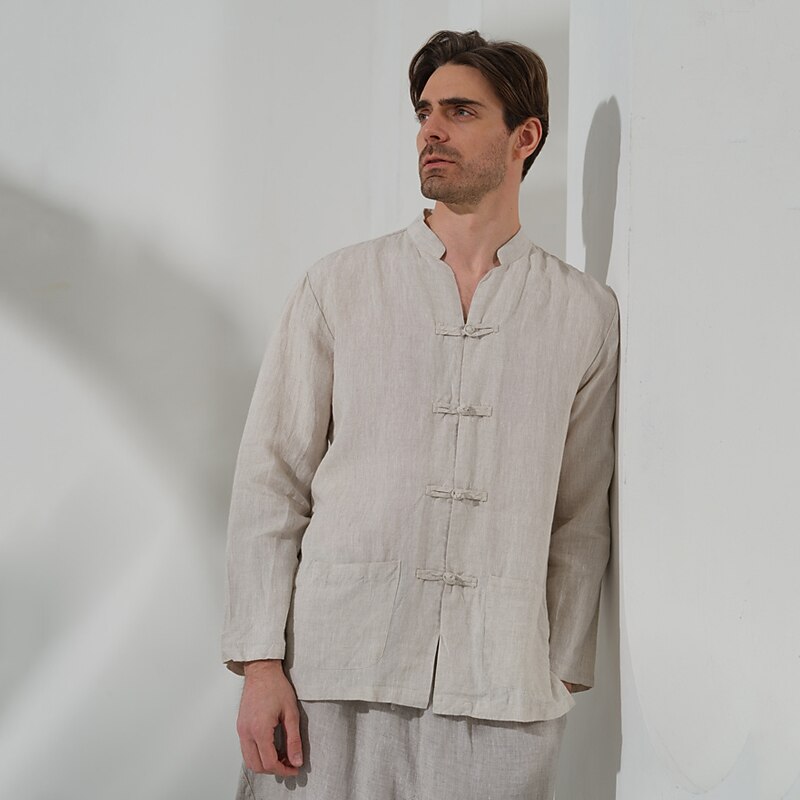 100% Linen Pocket Men's Shirt Linen Shirt Black White Dark Blue Long Sleeve Plain Standing Collar Spring &  Fall Outdoor Daily Clothing Apparel4