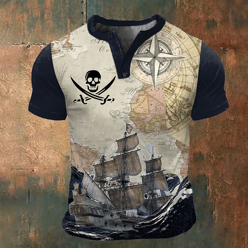 Men's Graphic Ship T shirt Henley Shirt Short Sleeve 3D Print Fashion Retro Vintage Classic Sports Outdoor Holiday Going out Spring & Summer Black Brown Dark Blue Gray Henley Henley T-Shirt2