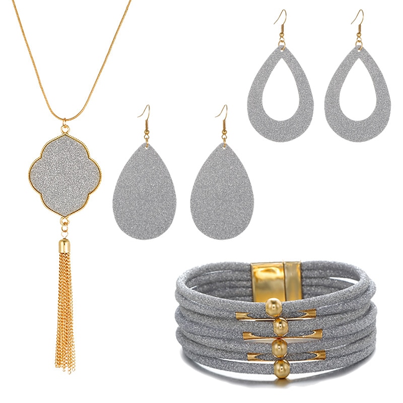 Jewelry set Leather Gold Powder Alloy Necklace Earrings Necklace Bracelet Combination Set3