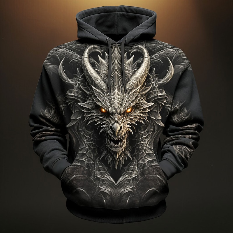 Men's Graphic Animal Dragon Hoodie Hoodies Sweatshirt Daily Basic Long Sleeve Hooded Vacation Sports Outdoor Holiday Black Yellow Print Front Pocket Spring &  Fall Designer2