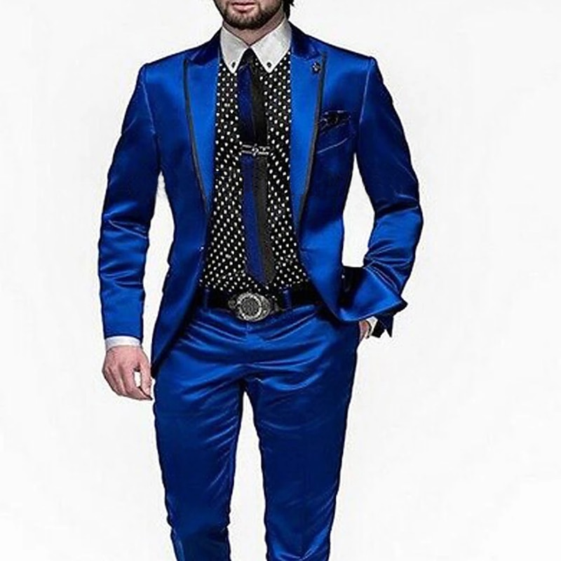 Men's Wedding Party Suits Peak Royal Blue Solid Colored Tailored Fit 2 Piece Single Breasted One-button