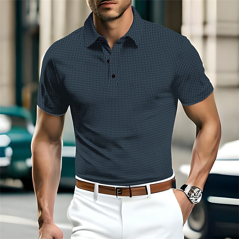 Men's Waffle Polo Shirts Button Up Polos Casual Sports Lapel Short Sleeve Fashion Old Money Style Plain Knitted Summer Regular Fit Black White Navy Blue Khaki Dark Blue Gray Waffle Polo Shirts