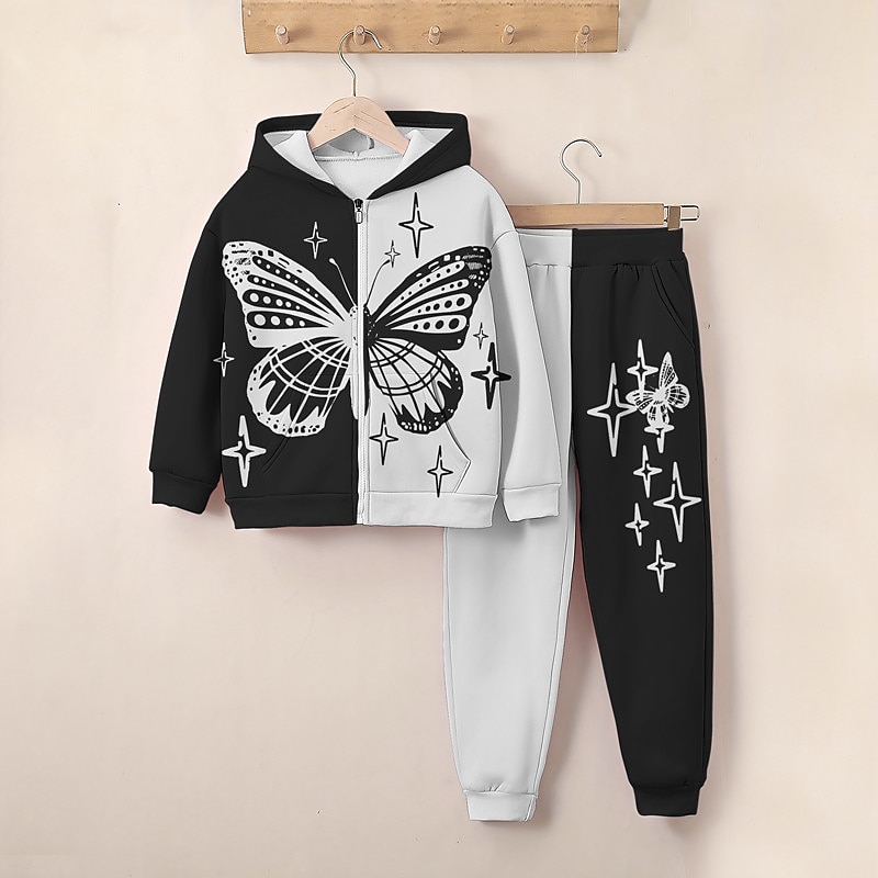 Girls' 3D Butterfly Hoodie & Sweatpants Set Long Sleeve 3D Printing Spring Fall Active Fashion Cute Kids 3-12 Years Zip Hooded Outdoor Street Regular Fit