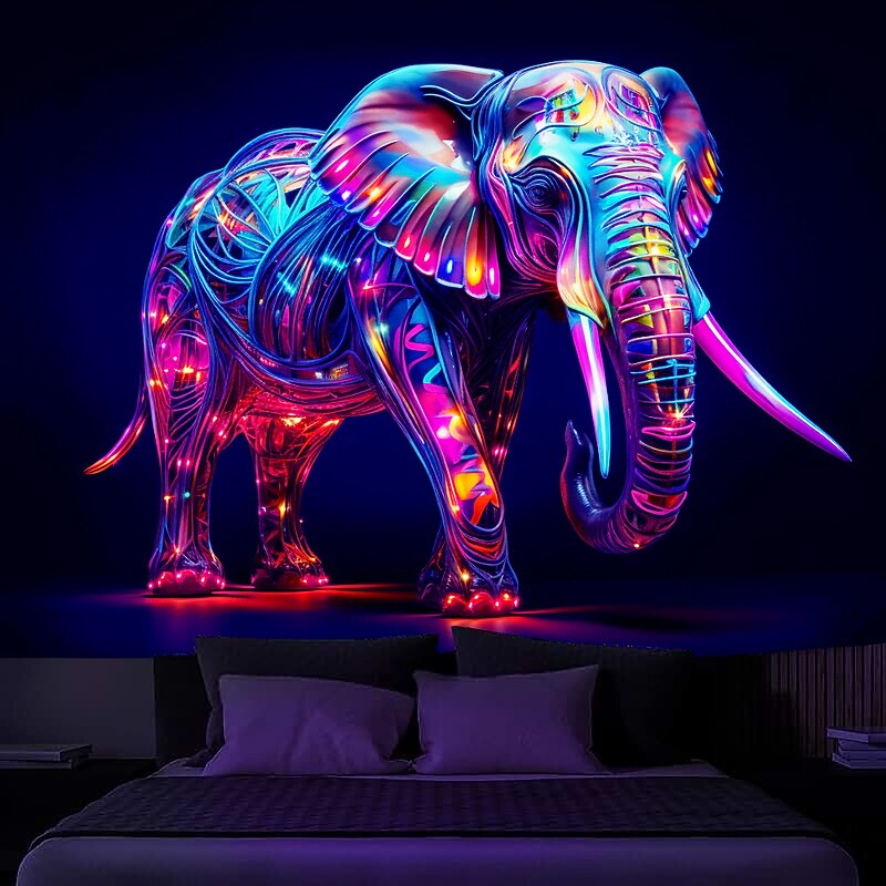 Blacklight Tapestry UV Reactive Glow in the Dark Glow Party Neon Elephant Animal Psychedelic Trippy Misty Hanging Tapestry Wall Art Mural for Living Room Bedroom2