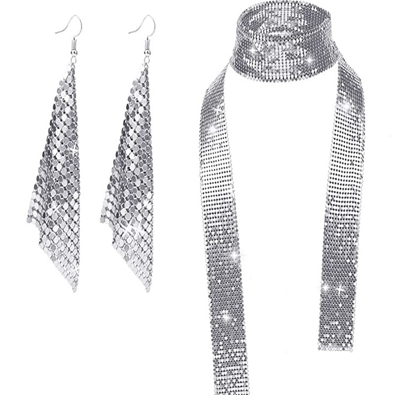 Fashionable Earrings Metal Sequins Tassel Earrings Creative New Square Long Necklace Set2