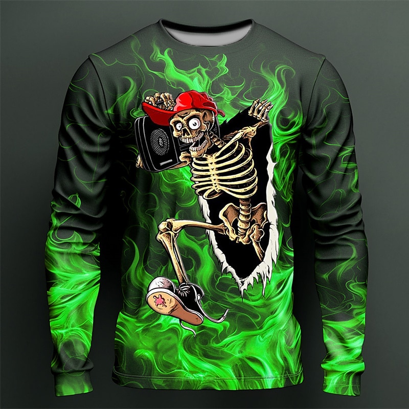 Men's Graphic Flame Skeleton T Shirt Long Sleeve T shirt 3D Print Crew Neck Shirt Fashion Designer Casual Sports Outdoor Holiday Going out Red Purple Orange Spring &  Fall Clothing Apparel S M L XL2