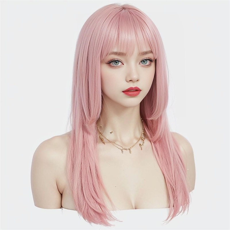 Long Straight Pink Wig with Bangs for Women 22 Inch Wig for Ryomen Sukuna Cosplay with Face tattoos Synthetic Heat Resistant Fiber Wig with Skinlike HD Wig Cap for Girls Daily Use