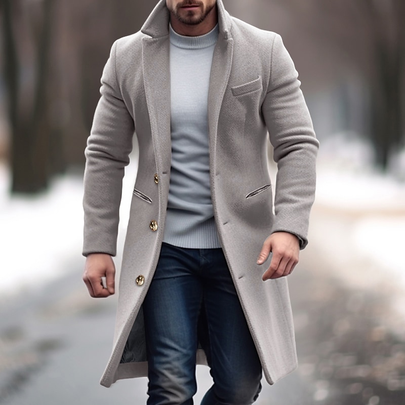 Men's Winter Coat Overcoat Trench Coat Office & Career Daily Wear Winter Polyester Thermal Warm Windproof Outerwear Clothing Apparel Fashion Warm Ups Plain Pocket Lapel Single Breasted