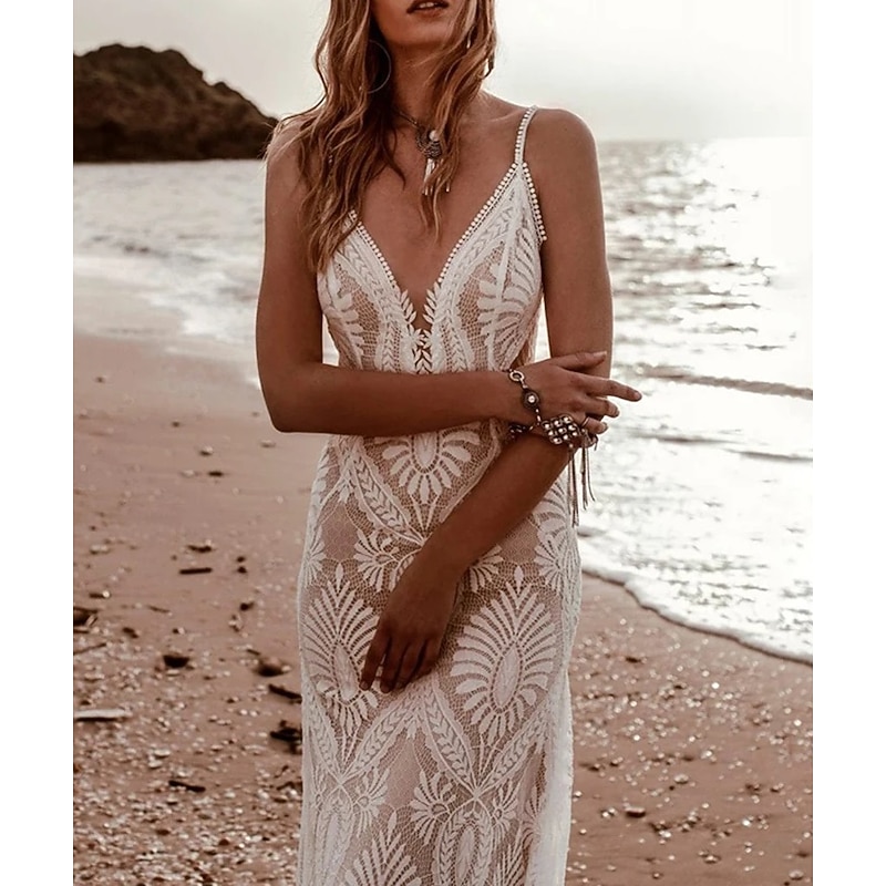Beach Wedding Beach Vintage Open Back Wedding Dresses Mermaid Camisole V Neck Sleeveless Sweep / Brush Train Chiffon Bridal Gowns With Pleats Solid Color3