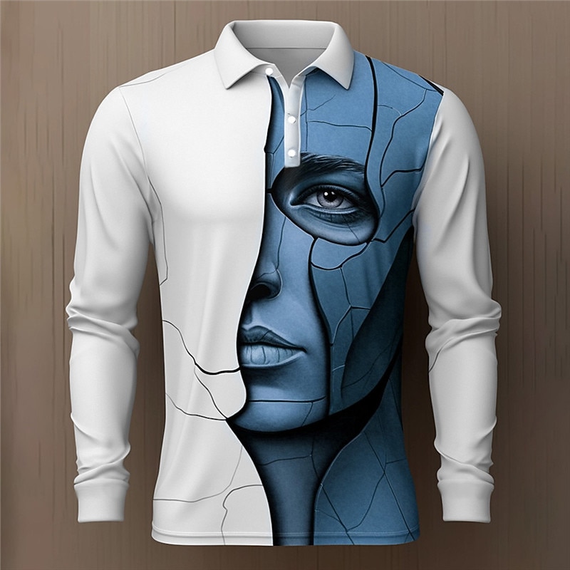 Men's Graphic Polo Shirts Golf Shirt Long Sleeve Polo Shirts Collared Shirts Casual Vacation Wear Rave Wear Party Outfits 3D Print Buttons Fall & Winter Blue Brown Khaki2